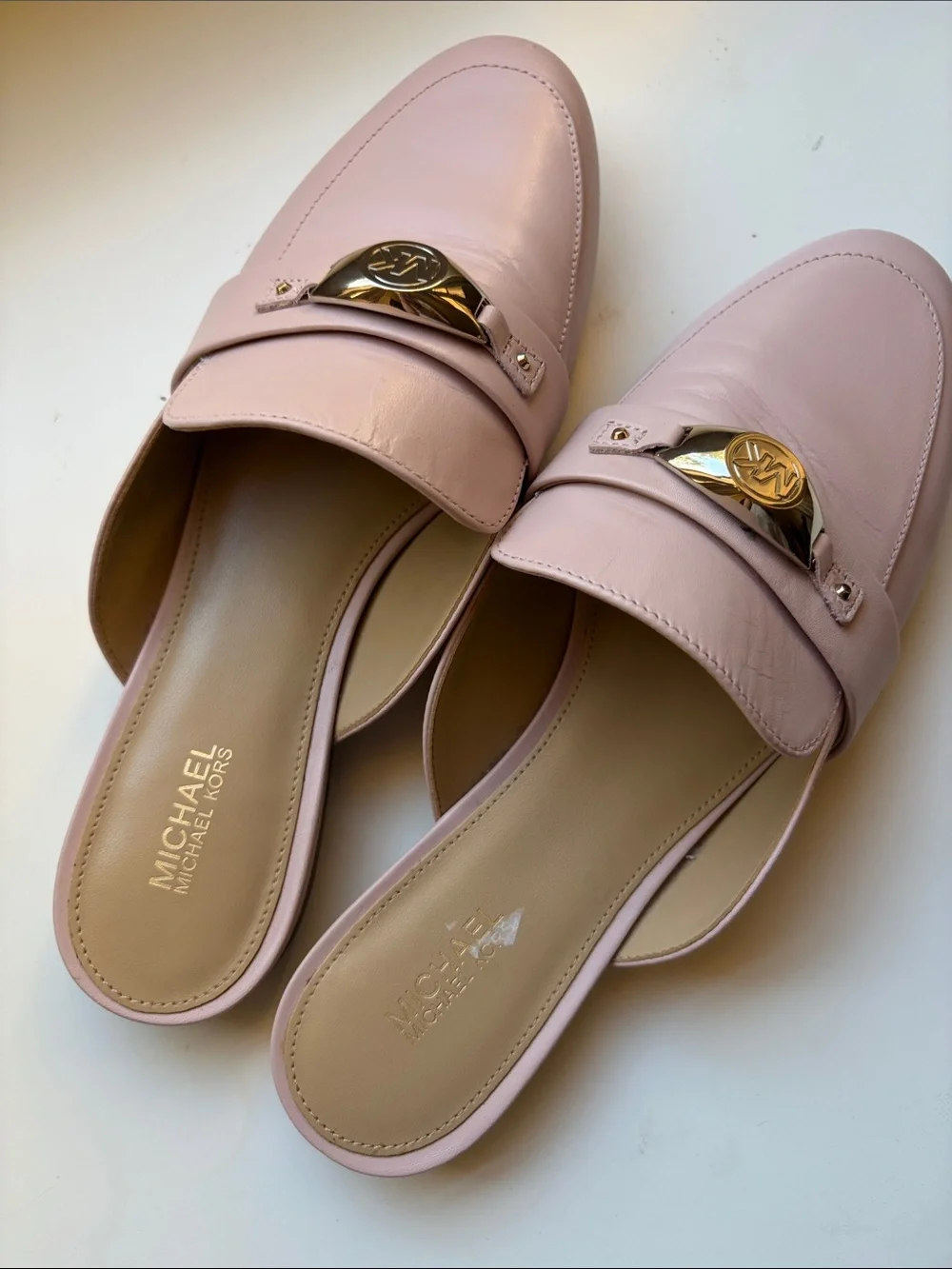 Michael Kors Blush Pink Leather Slip-On Mules with silver MK Accent